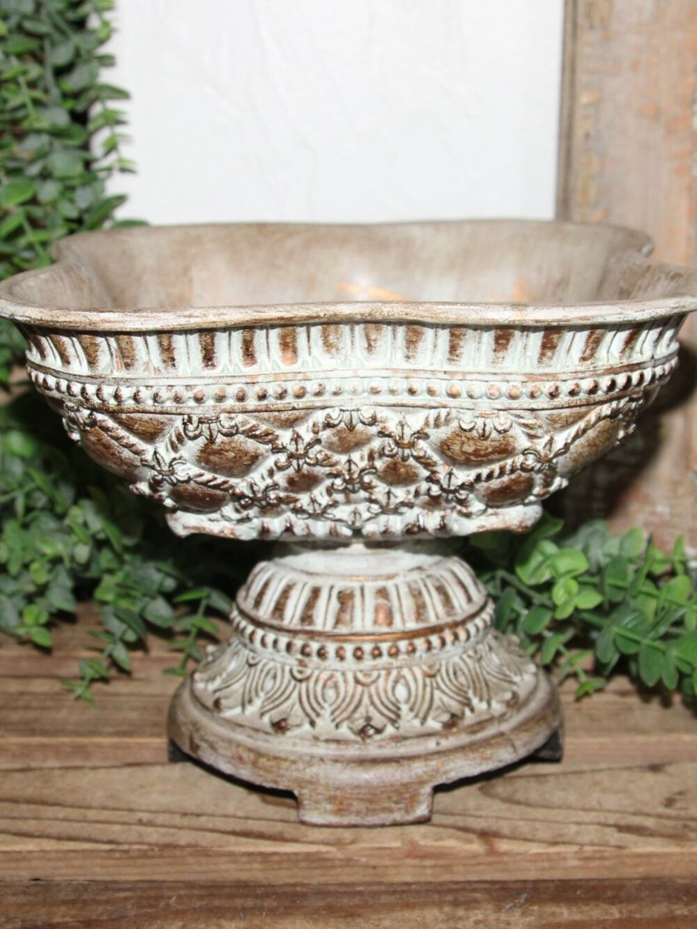 Ornate Cream & Gold French Country Fleur De Lis Pedestal Dish Bowl